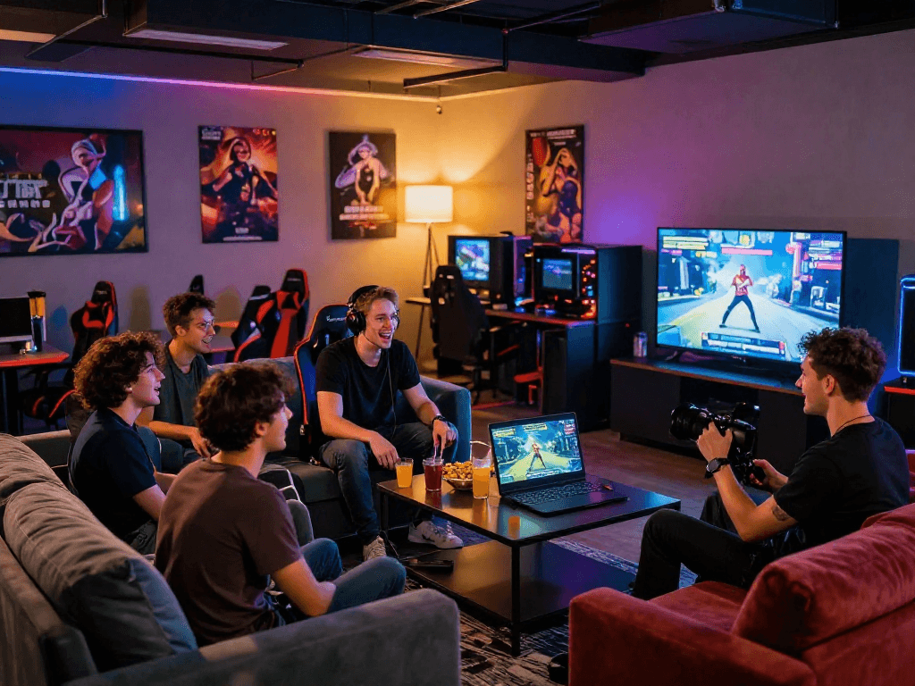 Friends enjoying interactive porn games in a vibrant gaming lounge