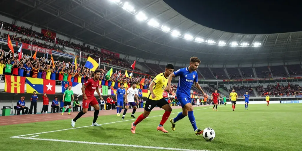 Exciting soccer match scene with fans cheering and players in action, highlighting ข่าวฟุตบอลไทย.