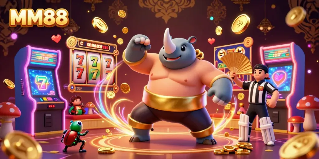 Engage with MM88's captivating casino world featuring vibrant slot elements and animated characters.