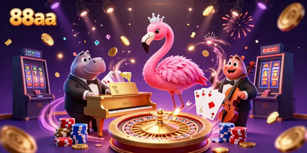 Experience thrilling wins with 88aa's vibrant casino scene featuring lively characters and dynamic game elements.