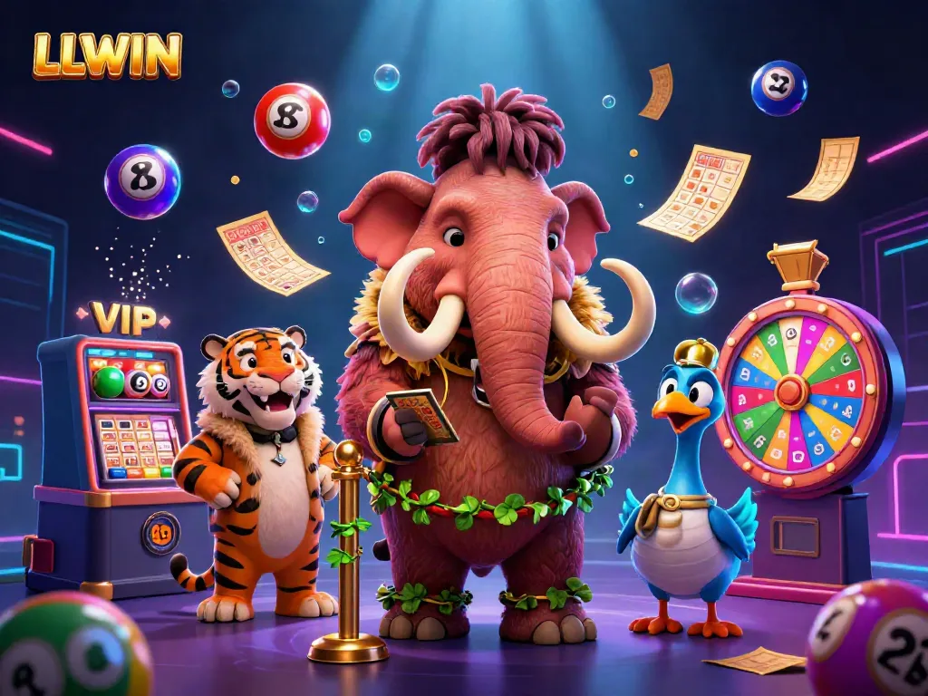 LLWIN casino entrance with a woolly mammoth bouncer checking IDs, surrounded by lottery elements.