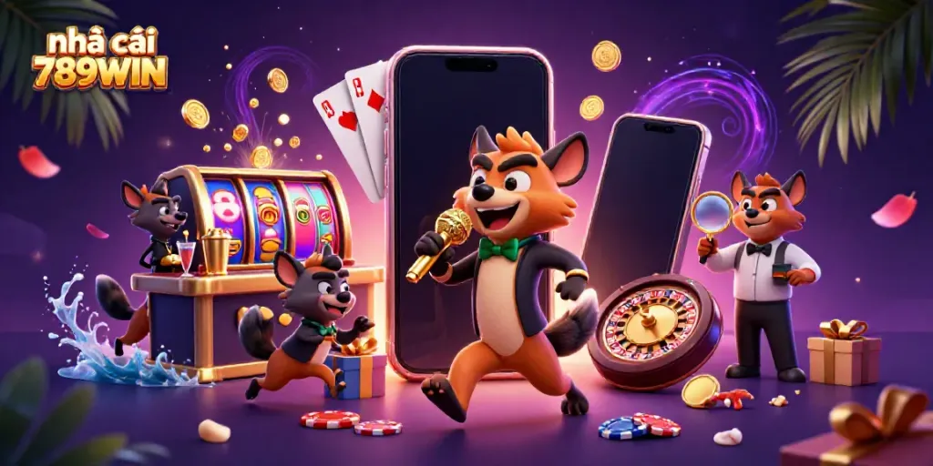 Engaging scene of nhà cái 789WIN comedy casino featuring animated hyenas in a vibrant casino setting.