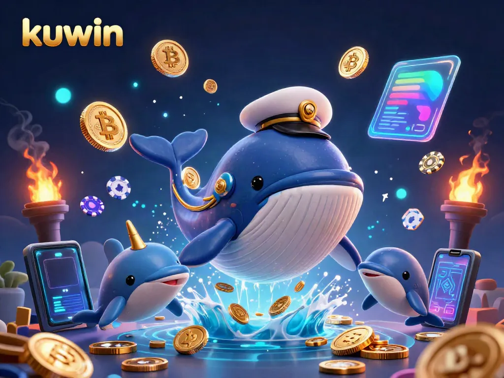 Kuwin offers stunning casino gameplay featuring a cartoon whale and vibrant animations within an ocean of coins.