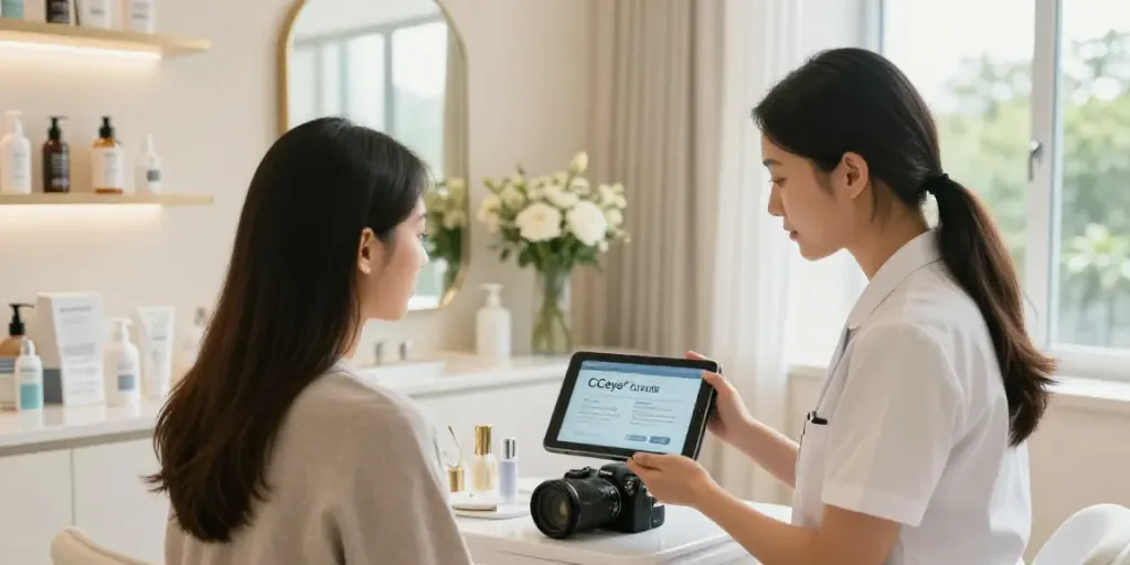 Expert consultation for Augenringe entfernen at a serene beauty clinic.