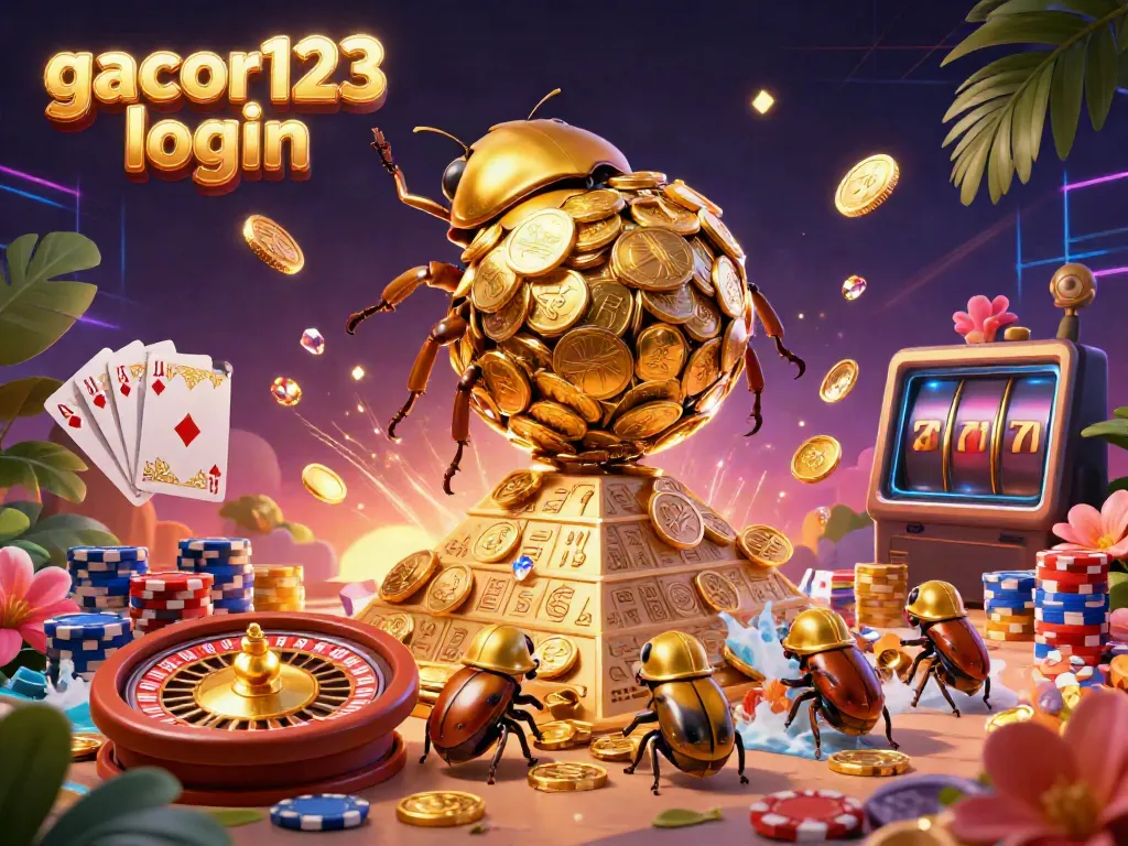 Join the excitement with gacor123 login featuring a massive beetle rolling golden coins among dazzling casino elements.