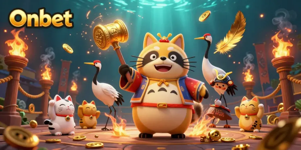 Experience the thrill of Onbet with a colorful and engaging digital casino scene featuring a tanuki, crane, and maneki-neko.