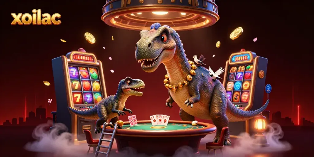 Engage with the dynamic world of xoilac as a giant brontosaurus observes a lively casino scene with vibrant slots and cards.