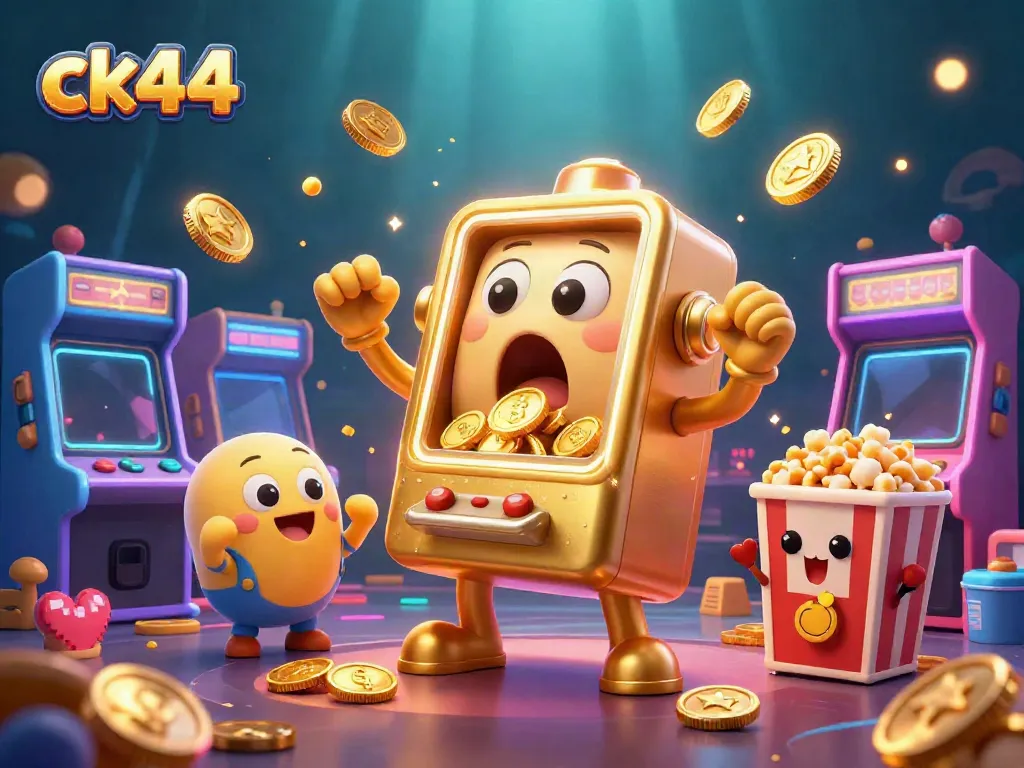 Experience the excitement of ck44 with a golden slot machine celebrating its jackpot, surrounded by cheering friends.