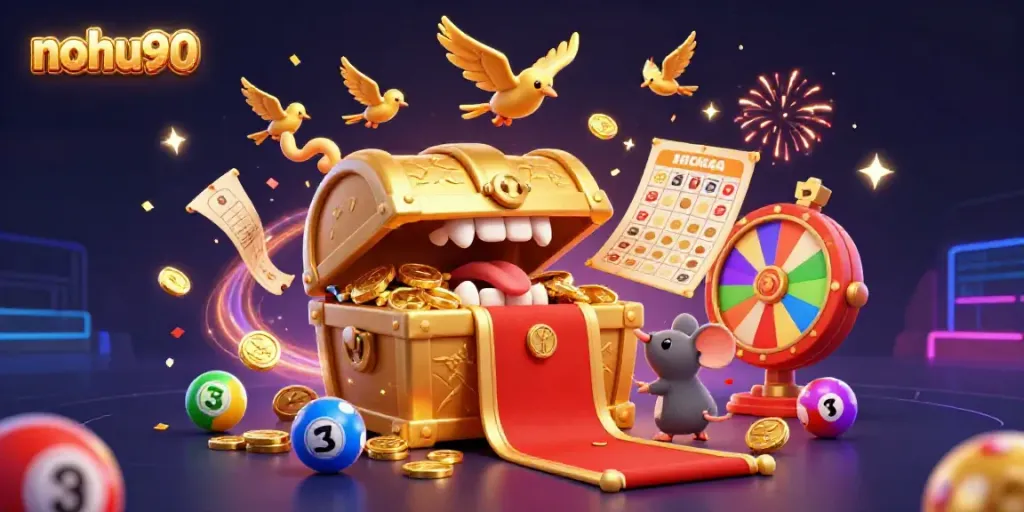 Experience excitement with nohu90's vibrant lottery-themed illustration showcasing dynamic prizes and festive elements.