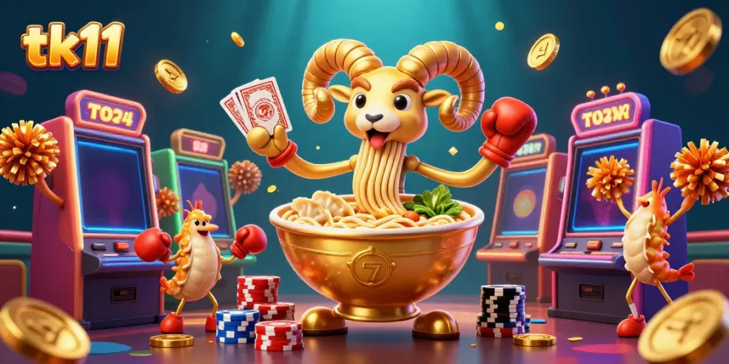 Engage with tk11's vibrant casino scene featuring a golden ramen bowl, card dealing, and colorful slot machines.