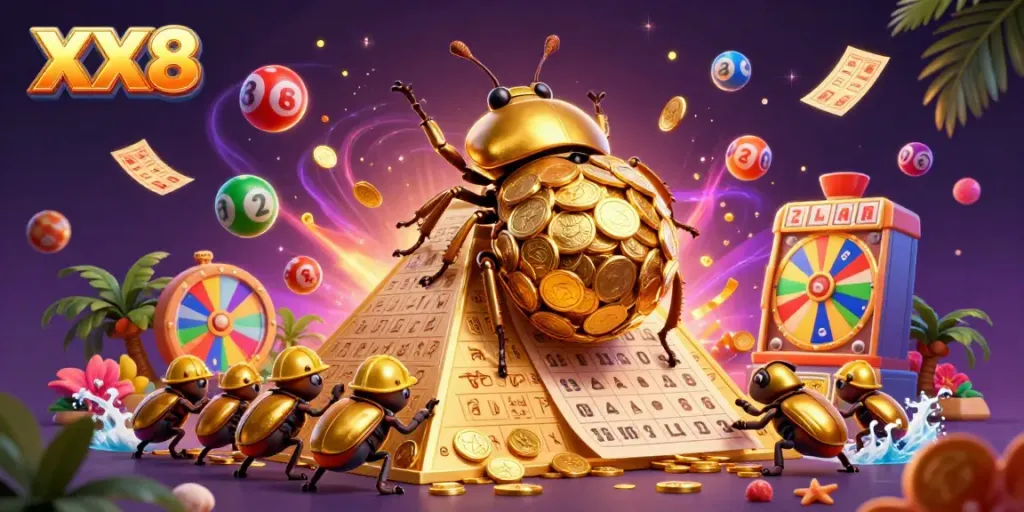 Engaging illustration showcasing a golden beetle rolling a coin ball with casino elements, highlighting XX8.