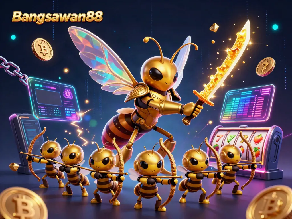 Experience thrilling action with Bangsawan88 as a giant hornet samurai leads bee archers in a vibrant online casino scene.