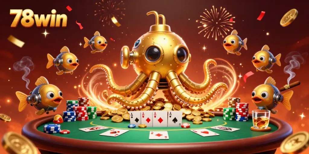 Engage in exciting gambling action with 78win, featuring a golden kraken submarine among poker elements and gold coins.