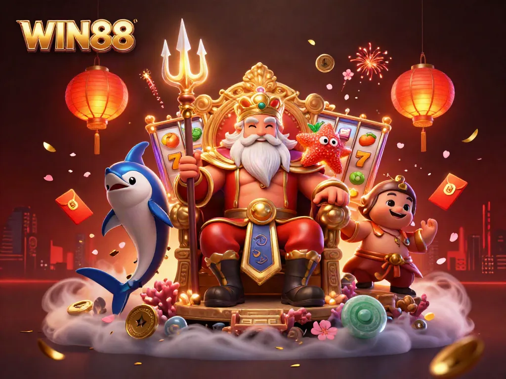 Experience thrilling gameplay with WIN88, featuring vibrant slot reels and dynamic characters in a colorful casino setting.