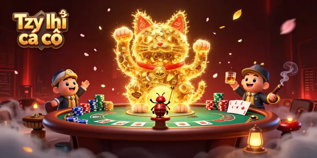 Engage with the thrilling Tỷ lệ cá cược through this colorful 3D illustration featuring a lucky cat surrounded by dynamic casino elements.
