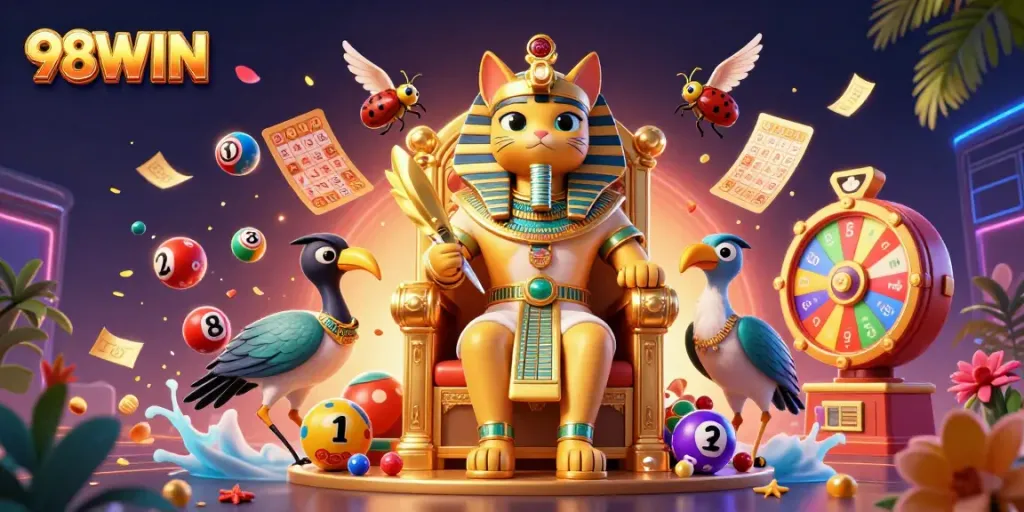 Experience thrilling gaming with 98WIN as colorful lottery elements surround a pharaoh cat illustration.