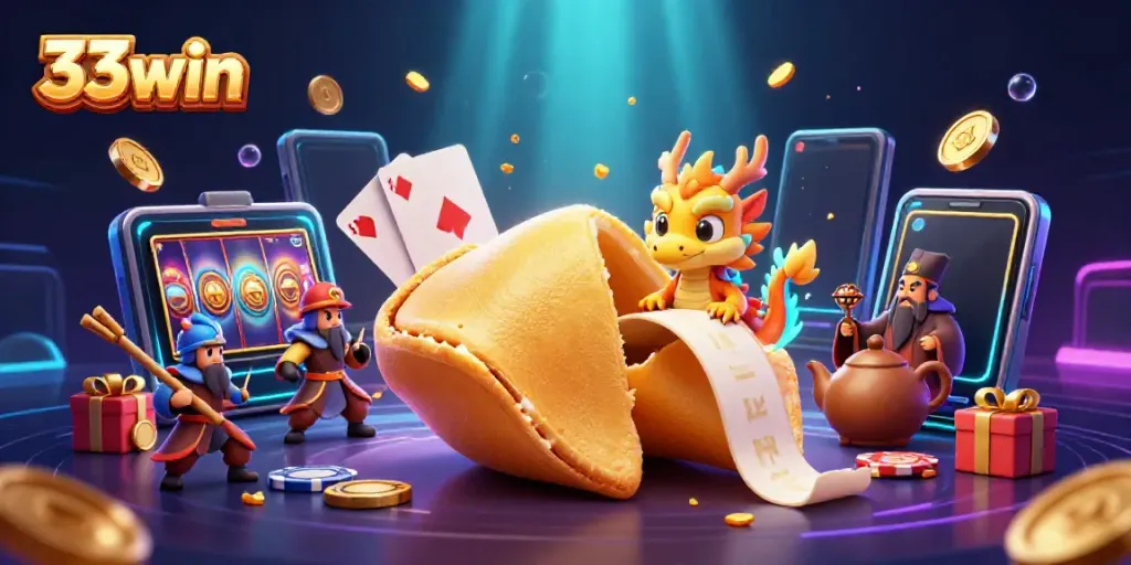 Experience the thrill of 33win’s games with vibrant visuals, golden coins, and dynamic gambling elements.
