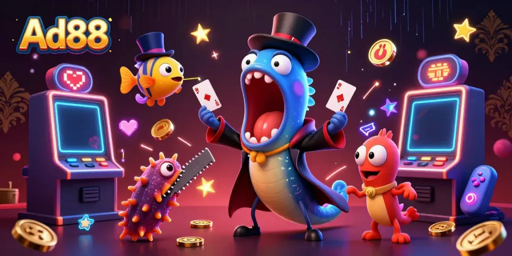Experience the excitement of Ad88 with a lively underwater casino scene featuring playful sea creatures.
