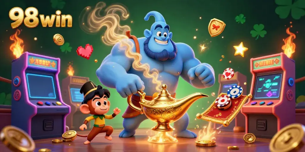 Engage with the magic at 98 win featuring a muscular genie, poker chips, and vibrant gaming elements.