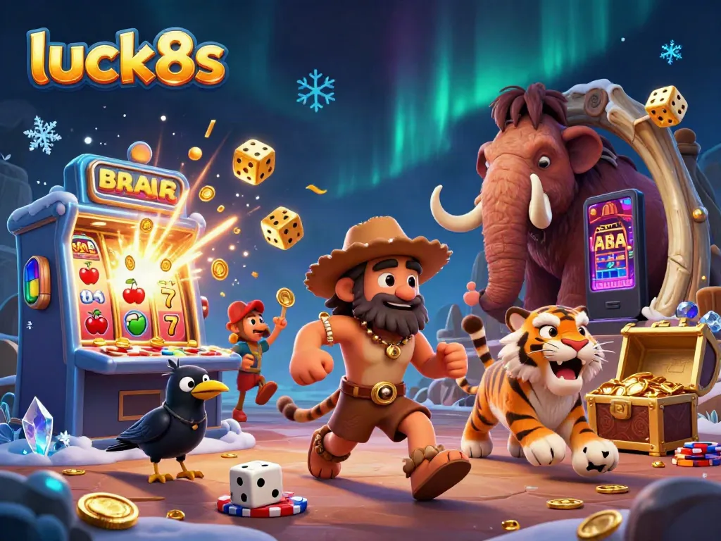 Spin the reels at luck8s with a dynamic caveman casino scene featuring exploding jackpots and golden treasures.