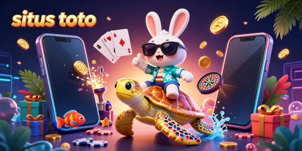 Experience situs toto with a vibrant scene featuring a lucky rabbit and golden turtle celebrating a jackpot.