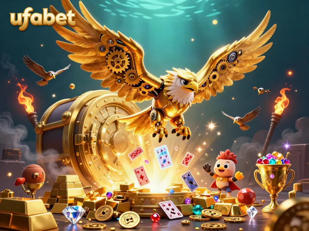 ภาพสุนัขเหยี่ยวทองคำทันสมัยที่บินผ่านการ์ดเกม 3D ของ ufabet