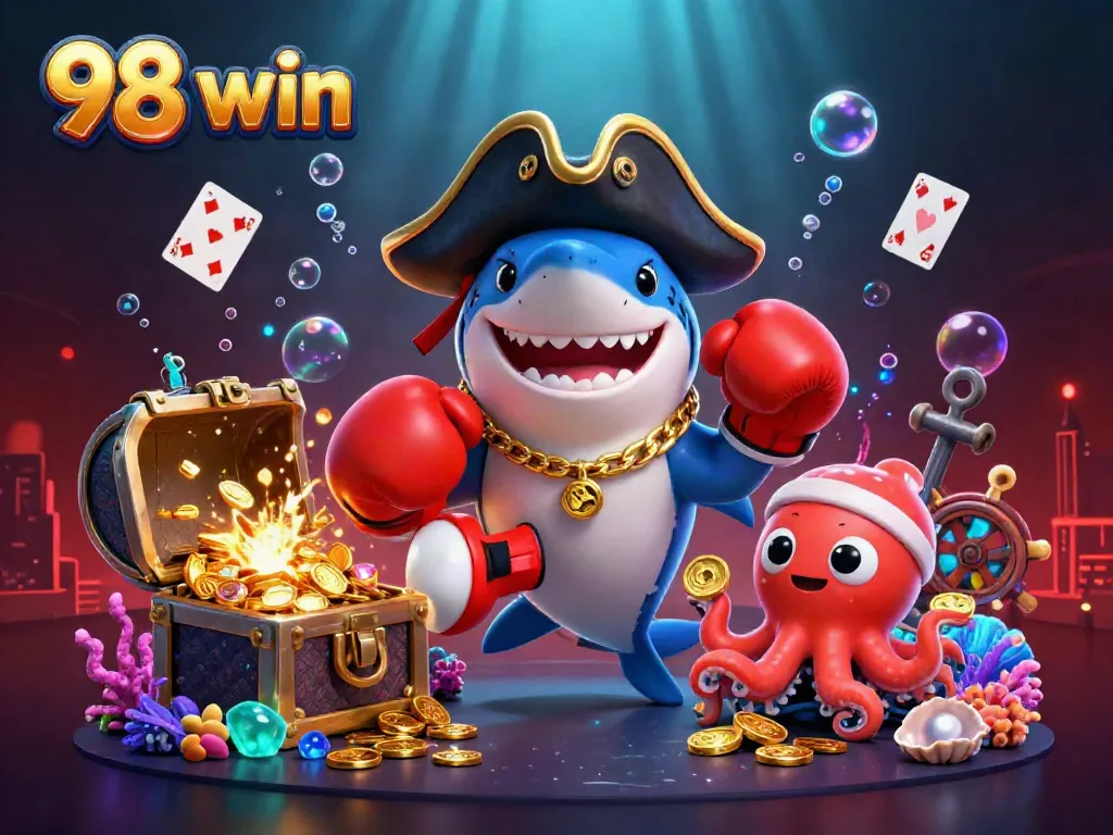 Engage thrilling gameplay with 98 win's underwater scene featuring vibrant characters and casino elements.