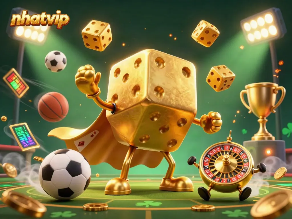 Nhatvip engaging gameplay with dynamic golden dice and sports elements in a vibrant casino scene.
