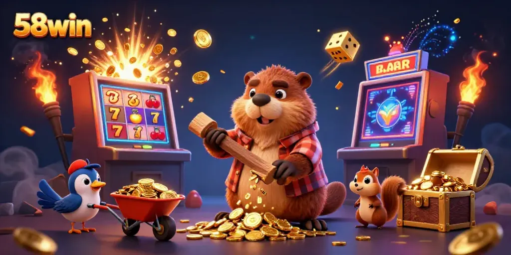 Play slots with 58win and win coins from a golden tree in this vibrant scene.