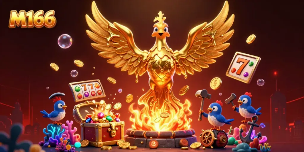 Experience thrilling gameplay in M166 with a golden phoenix and vibrant slot elements.