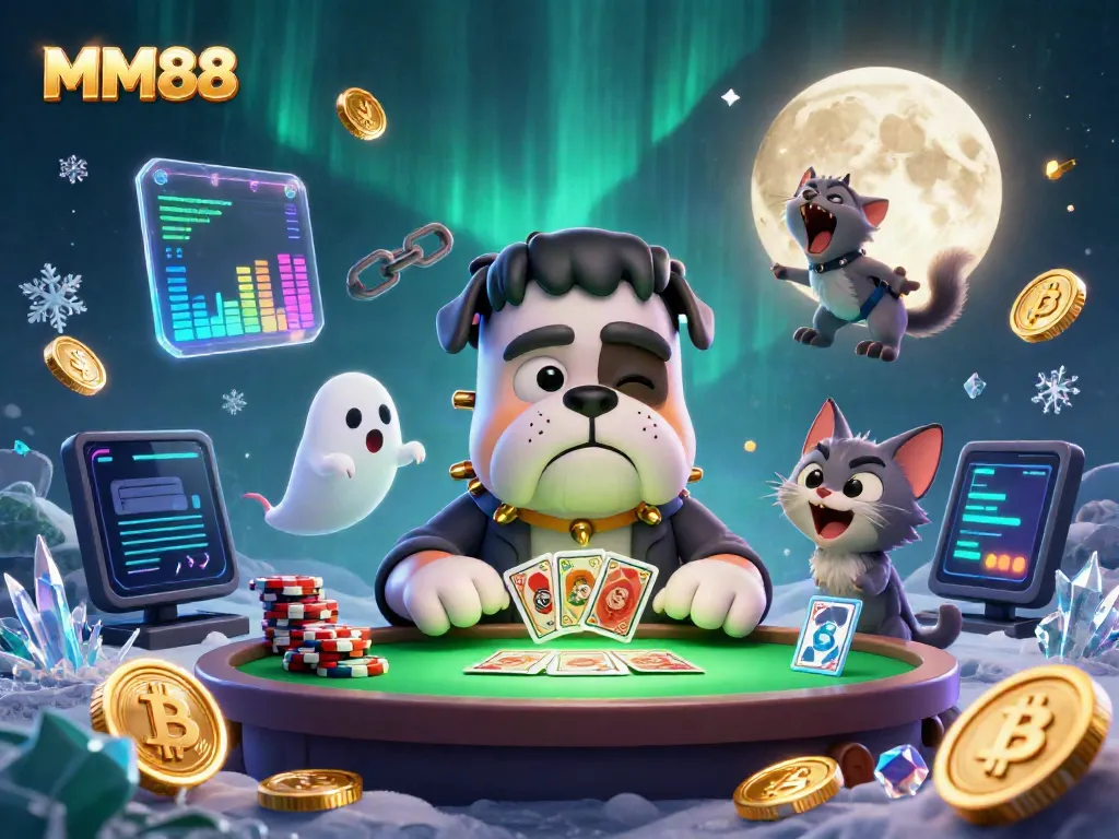 MM88 Frankenstein bulldog monster dealing cards at a spooky table with crypto coins and vibrant gaming elements.