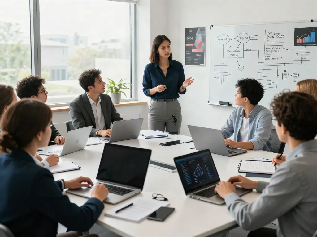 Dynamic leadership training for organizations with diverse professionals collaborating in a modern conference room.