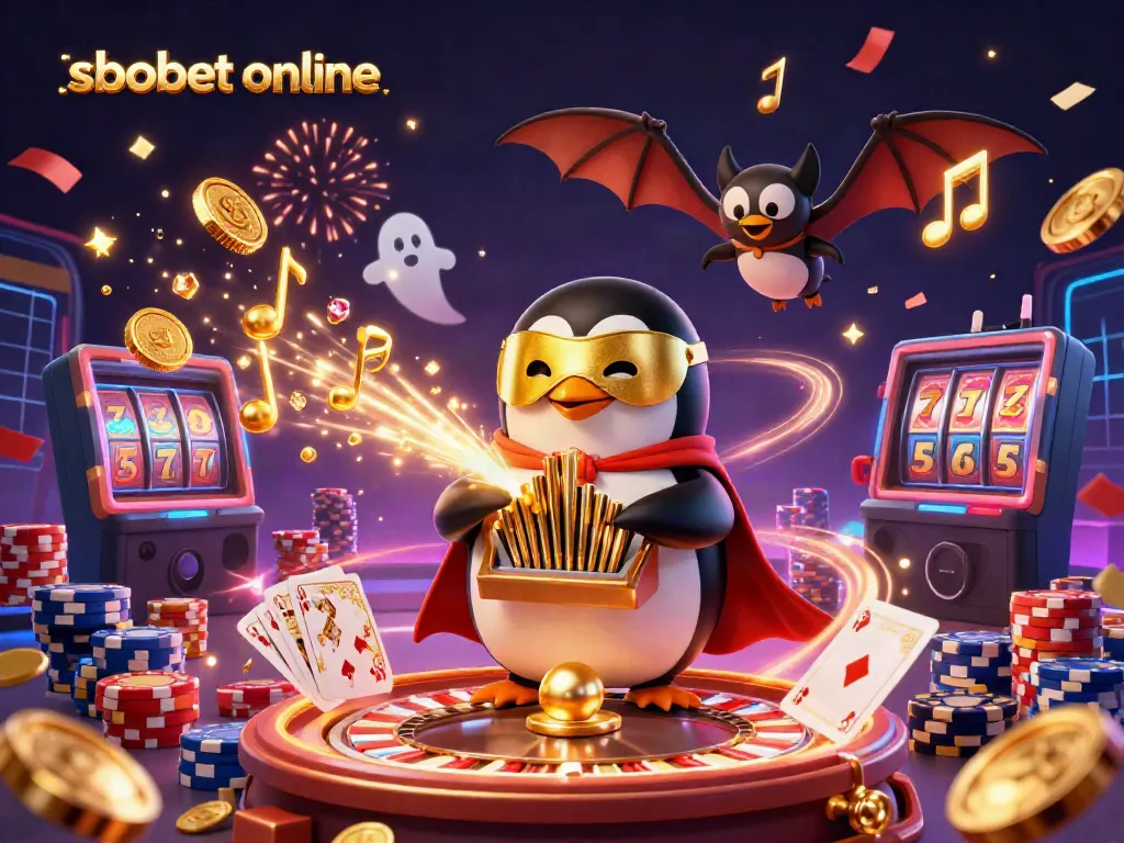 Experience sbobet online with a lively 3D scene illustrating a penguin playing organ, coins and gaming elements!