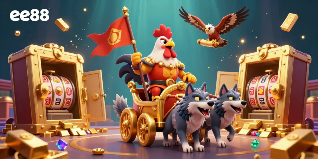 Experience the excitement at ee88's casino with a rooster warlord leading treasure-filled gameplay.