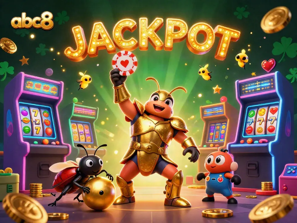 Experience the thrill of abc8 with vivid characters and casino elements, showcasing a jackpot celebration.