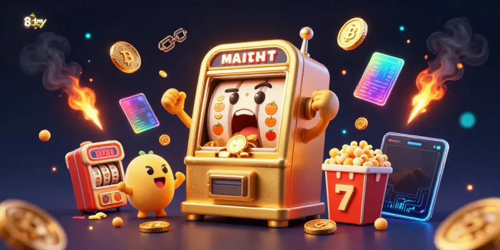 8day slot machine celebrating a jackpot with gold coins, Bitcoin, and Ethereum coins.