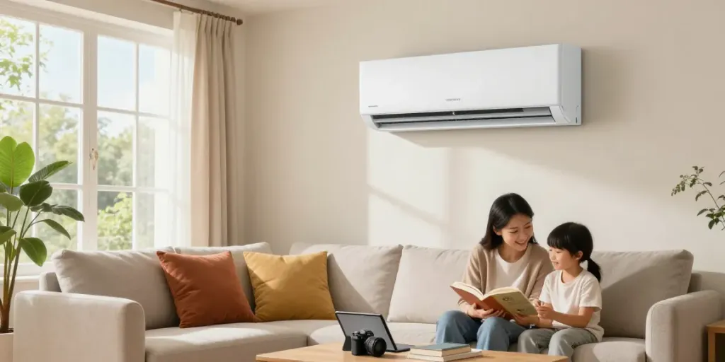 Stylish mini split ac system in a cozy living room environment.