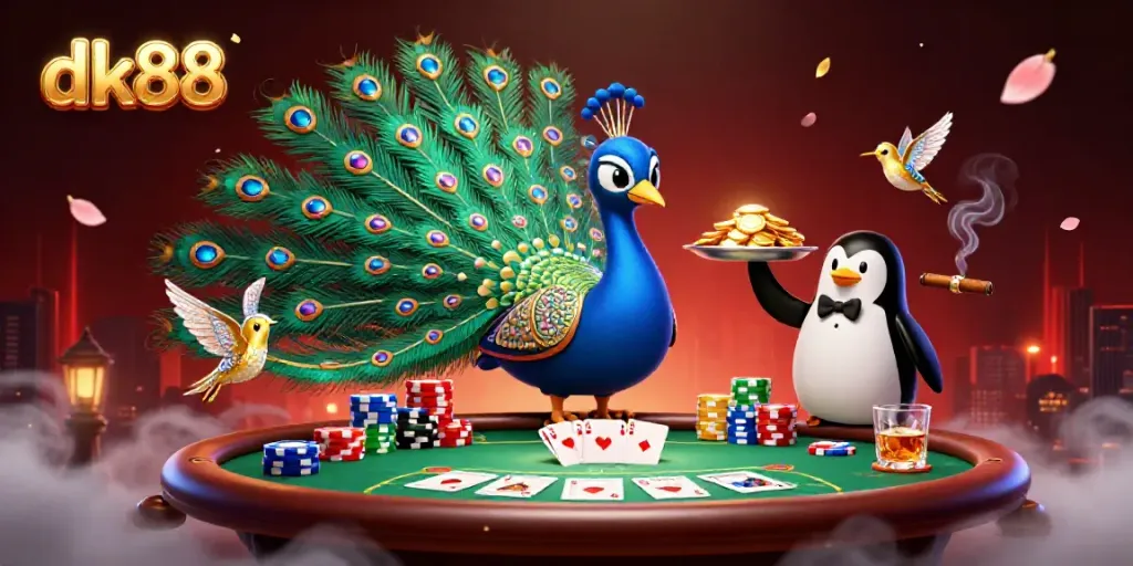 Engage with dk88's vibrant casino experience, featuring a peacock and butler in a rich poker scene.