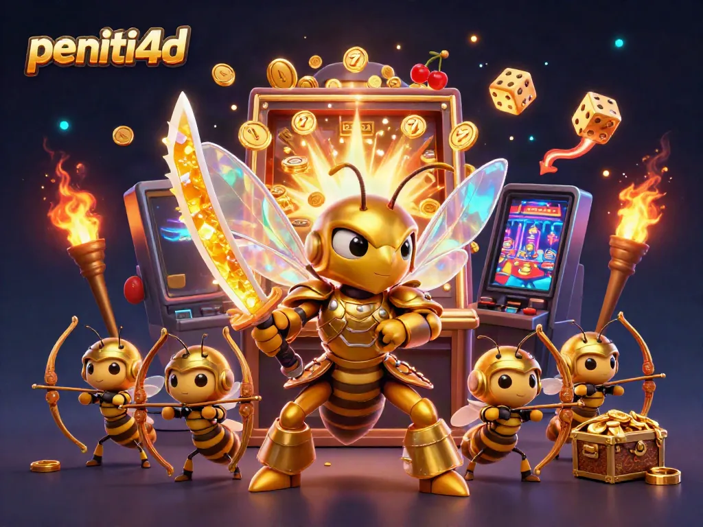 Permainan slot di peniti4d menunjukkan jackpot dengan karakter menarik seperti hornet emas bersenjata katana dan archer lebah.