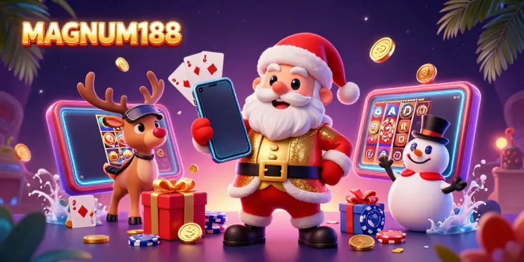 Experience the excitement of MAGNUM188 with Santa Claus celebrating jackpots in a vibrant casino setting.
