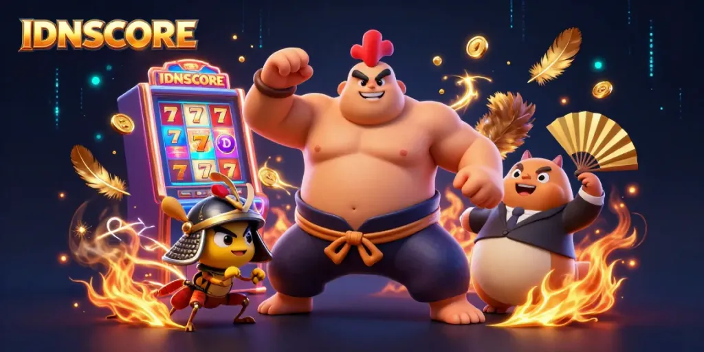 Experience IDNSCORE gaming excitement with a sumo rooster, cricket warrior, and tanuki announcer in a dynamic slot scene.