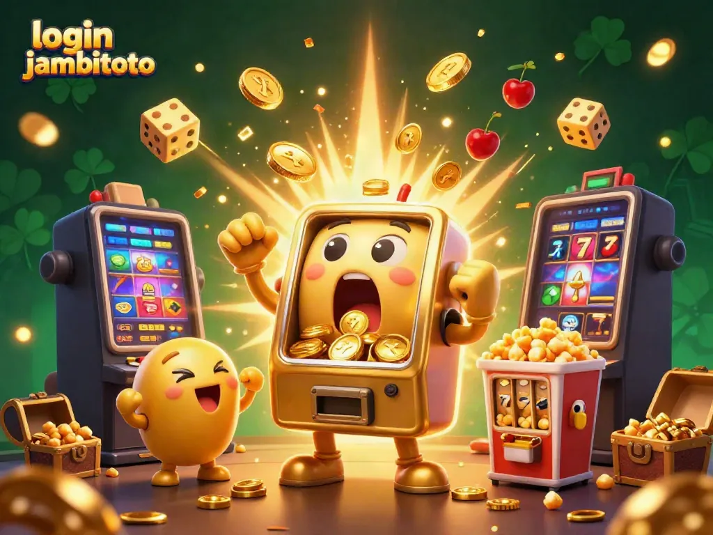 Experience the thrill of gaming with login jambitoto, showcasing a golden slot machine celebrating a jackpot.