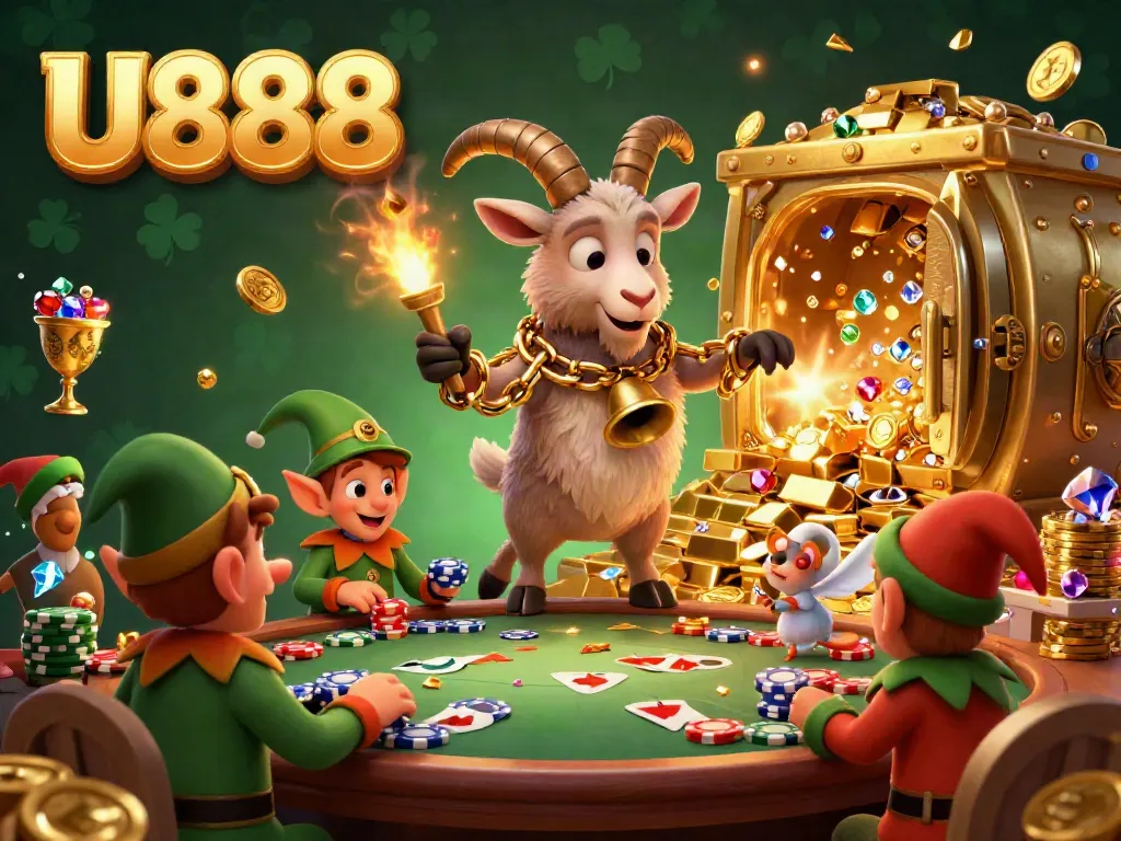 Experience thrilling casino action with U888 in this vibrant 3D casino scene featuring fun characters and gold elements.