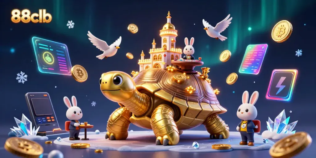 Play exciting games at 88clb, a vibrant casino realm featuring a golden tortoise and a rabbit dealer.
