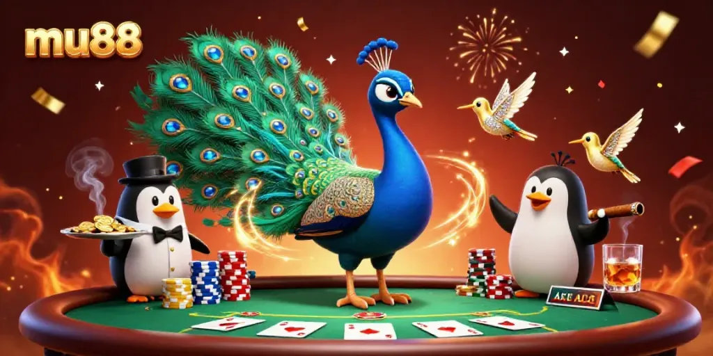 Play poker with mu88 in an exciting digital casino scene featuring vibrant characters and rich game elements.