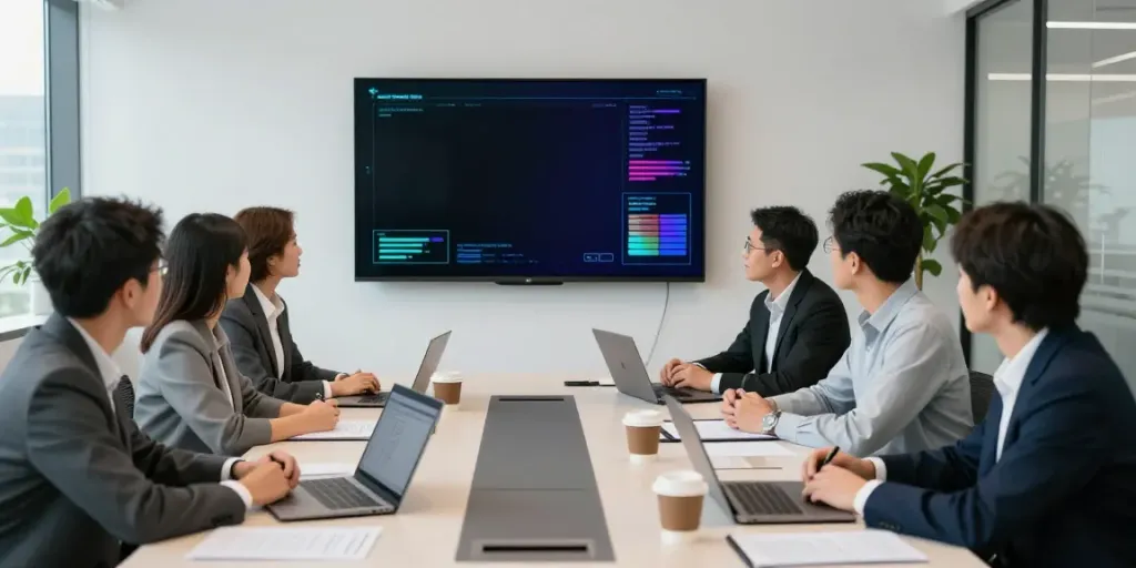 Deepfake-protected meetings taking place in a modern conference room with diverse professionals discussing security technology.