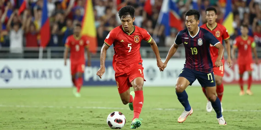 Action-packed scene of ข่าวฟุตบอลไทย featuring a young Thai football player dribbling during a match.