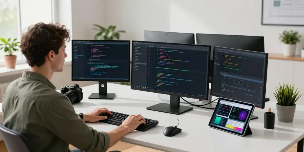 Developer working on Mod apk in modern workspace with multiple screens and high-tech gadgets.