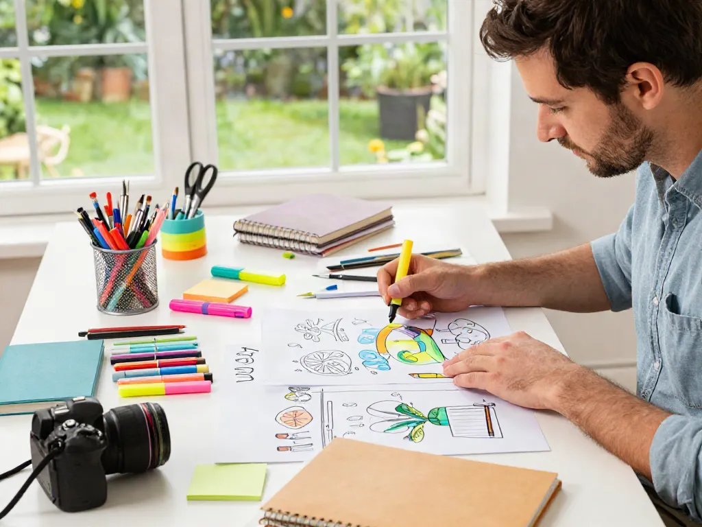 Highlighter manufacturer demonstrating colorful erasable highlighters in a bright workspace.