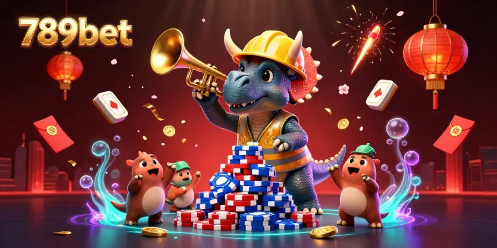 Engaging 3D scene with a triceratops and a parasaurolophus celebrating and creating a pyramid of poker chips for 789bet.